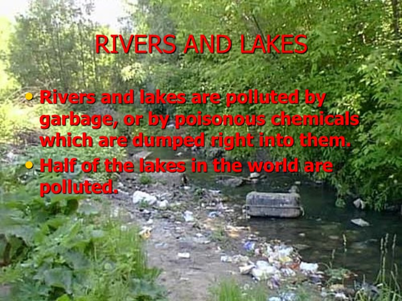 RIVERS AND LAKES Rivers and lakes are polluted by garbage, or by poisonous chemicals